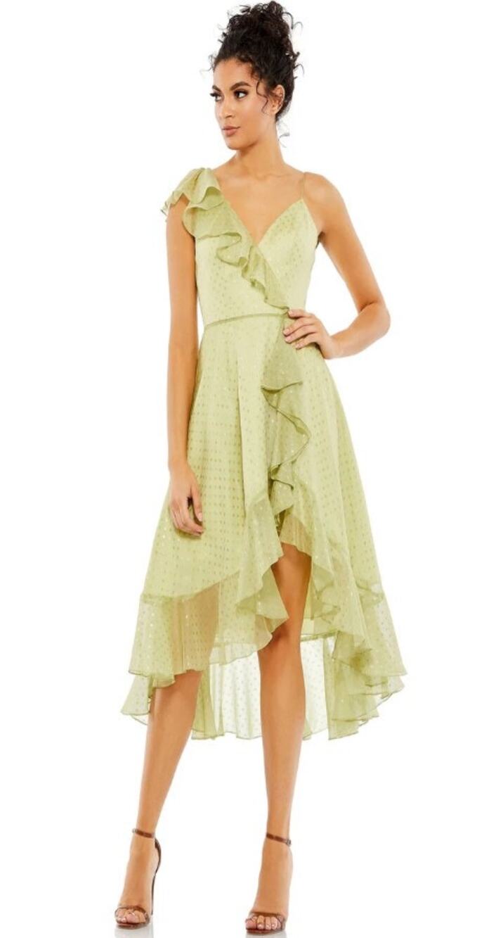 NWT Mac Duggal Green Polka Dot Ruffled Faux Wrap Dress Size 8 Cocktail Prom